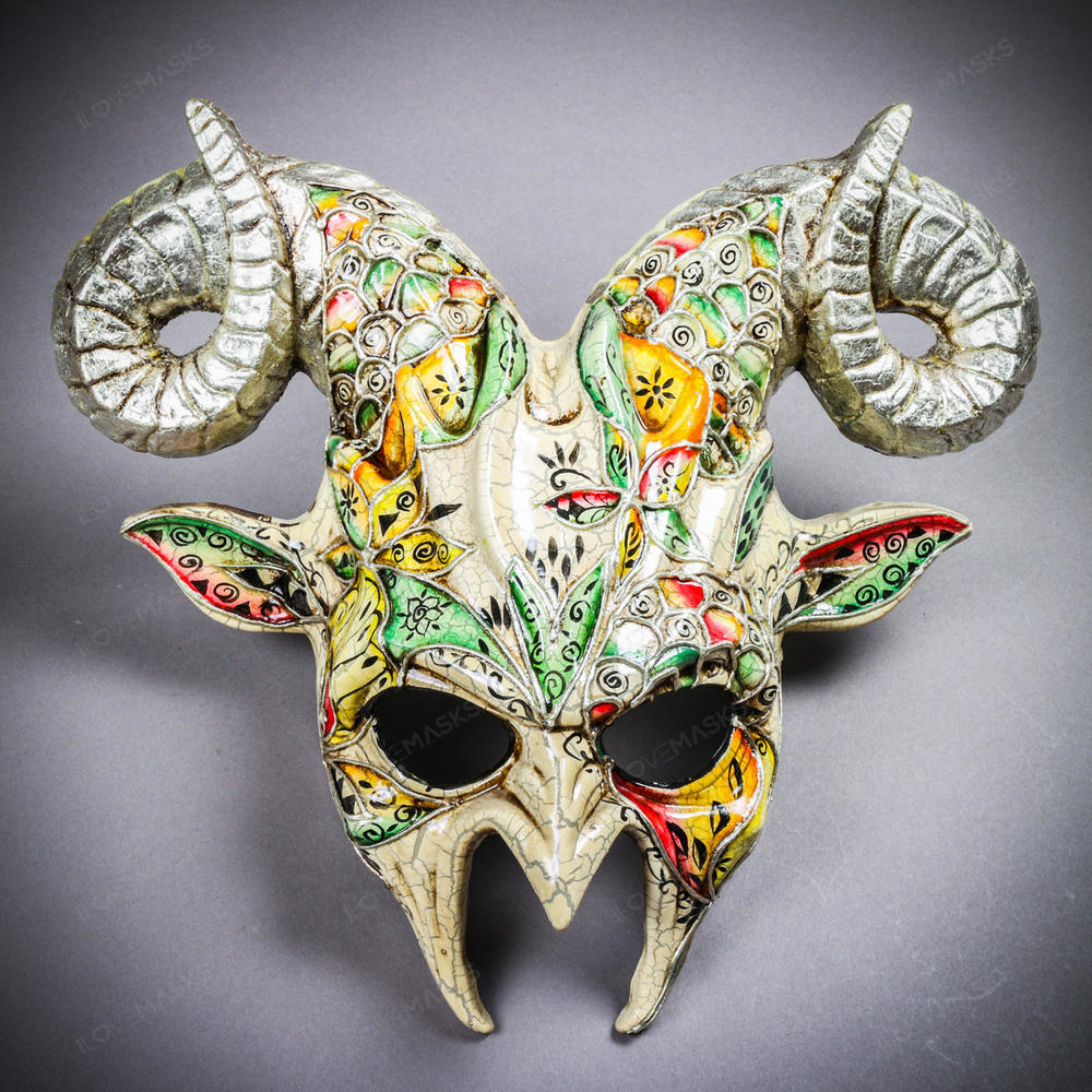 Krampus Ram Demon with Horns Venetian Devil Halloween Mask - Silver